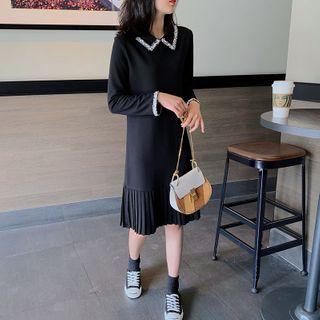 Collared Long-sleeve Pleated Midi A-line Dress