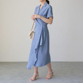Notched-lapel Linen Blend Long Dress