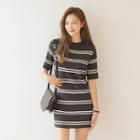 Short-sleeve Stripe Knit Mini Dress
