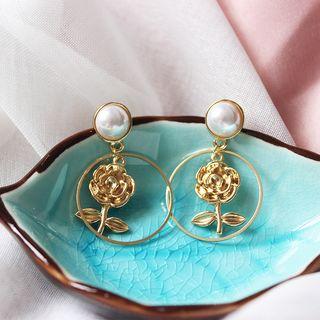 Faux Pearl Alloy Rose Dangle Earring 5718 - One Size