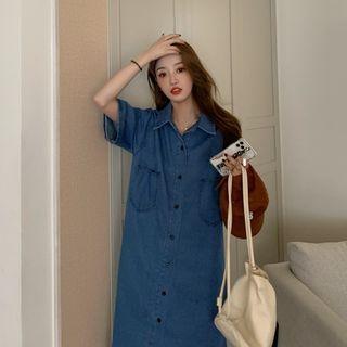 Elbow-sleeve Denim Midi Shirt Dress Blue - One Size
