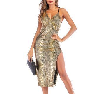 Patterned Spaghetti-strap Slit Midi Sheath Dress
