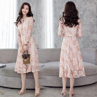 Tie-neck 3/4-sleeve Midi Lace Dress
