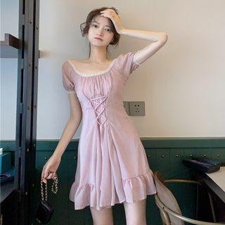 Lace Up Short-sleeve A-line Dress Mauve Pink - One Size