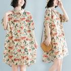 Short-sleeve Floral Print Mini Shirt Dress Almond - One Size