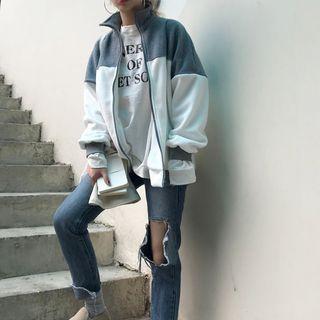 Faux Shearling Two-tone Zip Jacket Gray - One Size
