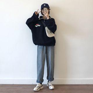 Polo Collar Pullover / Straight-cut Jeans