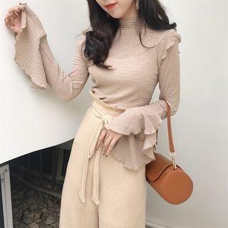 Plain Mock-neck Slim-fit Frilled Long-sleeve Top
