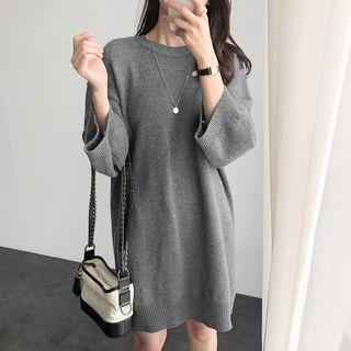 Crew-neck Long-sleeve Knit Dress Gray - One Size