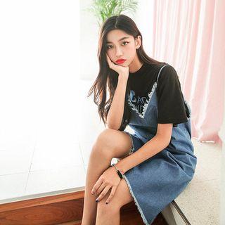 Spaghetti-strap Fringed Asymmetric-hem Denim Dress