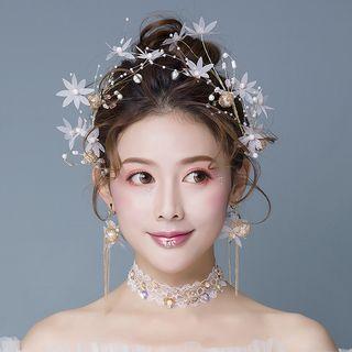 Wedding Set: Floral Hair Pin + Fringed Earring 1 Pair Hair Pin & Clip On Earring - One Size