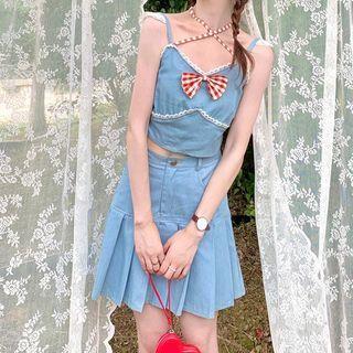 Bow Cropped Camisole Top / Pleated Mini A-line Skirt