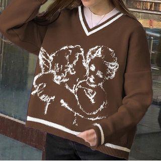 Oversize V-neck Angel Graphic Sweater