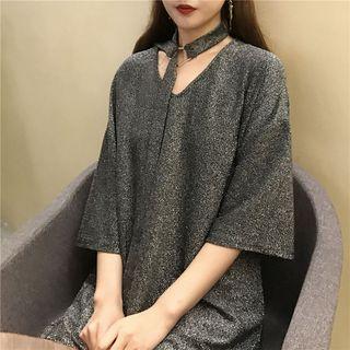 3/4-sleeve V-neck Glitter T-shirt Dress