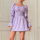 Bell-sleeve Square-neck Floral Print Mini Dress
