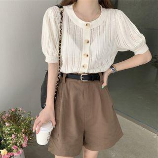 Short-sleeve Buttoned Knit Top / Wide-leg Shorts