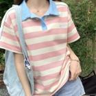 Short-sleeve Striped Polo Collar Top Stripe - One Size