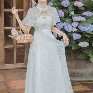 Mandarin Collar Mesh Midi A-line Dress