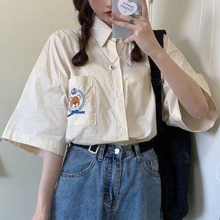 Short-sleeve Bear Embroidered Shirt Light Yellow - One Size
