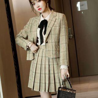 Set: 3/4-sleeve Plaid Blazer + Pleated Skirt