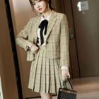 Set: 3/4-sleeve Plaid Blazer + Pleated Skirt