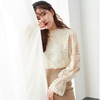 Long Bell-sleeve See-through Lace Top