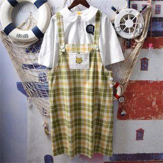 Plaid Embroidered Cat Midi Pinafore Dress