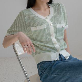 Piped Dual-pocket Faux-pearl Cardigan