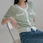 Piped Dual-pocket Faux-pearl Cardigan