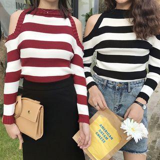 Cutout-shoulder Stripe Sweater