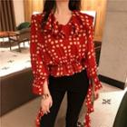 Ruffle Trim Polka Dotted Blouse Red - One Size