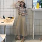 Plaid Short-sleeve V-neck Top / Midi A-line Skirt