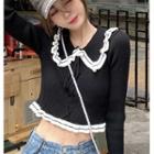 Long-sleeve Wide-collar Frill Trim Cropped Knit Top