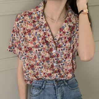 Short-sleeve Flower Print Shirt Flower - Red & Blue - One Size