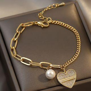 Heart Rhinestone Faux Pearl Alloy Bracelet Bracelet - Gold - One Size