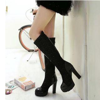 Lace Cutout Platform Block Heel Knee High Boots