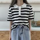 Color-block Stripe Polo-collar Short-sleeve Knit Top