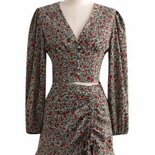 Set: Long-sleeve Floral Print Cropped Blouse + Drawstring Mini Mermaid Skirt