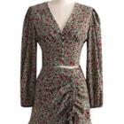 Set: Long-sleeve Floral Print Cropped Blouse + Drawstring Mini Mermaid Skirt