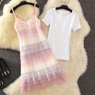 Set: Short-sleeve T-shirt + Embellished Mesh Strappy Dress