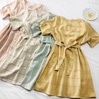Checked V-neck Shirtdress
