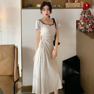 Drawstring Cutout Contrast Trim Maxi Dress