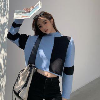 Mock-neck Two Tone Sweater Blue - One Size