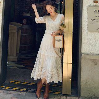 Long-sleeve Perforated Plain Lace Dress