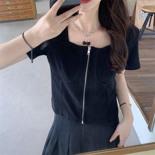 Short-sleeve Square-neck Zip Top