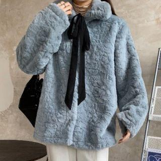 Oversize Long-sleeve Bow Accent Plain Faux Furry Cardigan