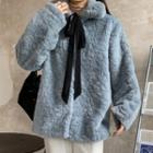 Oversize Long-sleeve Bow Accent Plain Faux Furry Cardigan