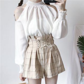 Cutout Shoulder Long-sleeve Top / High Waist Plaid Shorts