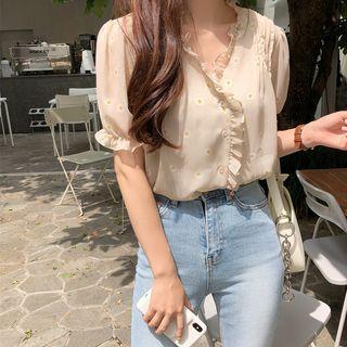 Puff-sleeve V-neck Ruffle Trim Daisy Print Blouse