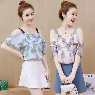 Cold-shoulder Leaf Print Chiffon Blouse